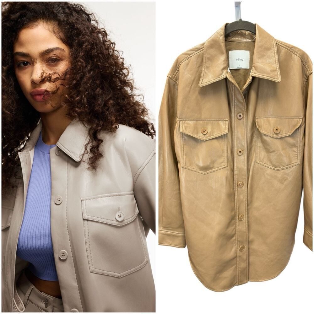 Aritzia Ganna Faux Leather Shirt Jacket Cognac Brown Small Relaxed Shacket